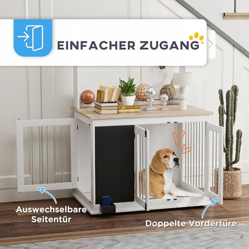 PawHut Hundekäfig für Zuhause, Hundebox mit 3 Türen, Haken, Hundehaus mit Radiergummi, Schreibtafel, Aufbewahrungsregal für Spielzeug, für große Hunde, Weiß