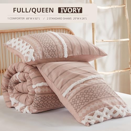 Image of INK+IVY Comforter for Queen Size Bed, Chenille Tufted, Breathable Cotton Comforter Set Queen, All Season Modern Boho Comforter with Farmhouse Bedding Flare, 2 Matching Shams, Queen Blush 3 Piece