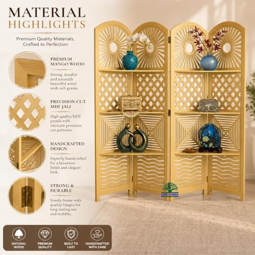 Image of 4 Panel Wooden Room Partition Divider with Decorative Display Shelves | Foldable Privacy Screen for Living Room, Hall, Office & Bedroom | Elegant Gold Finish Home Decor