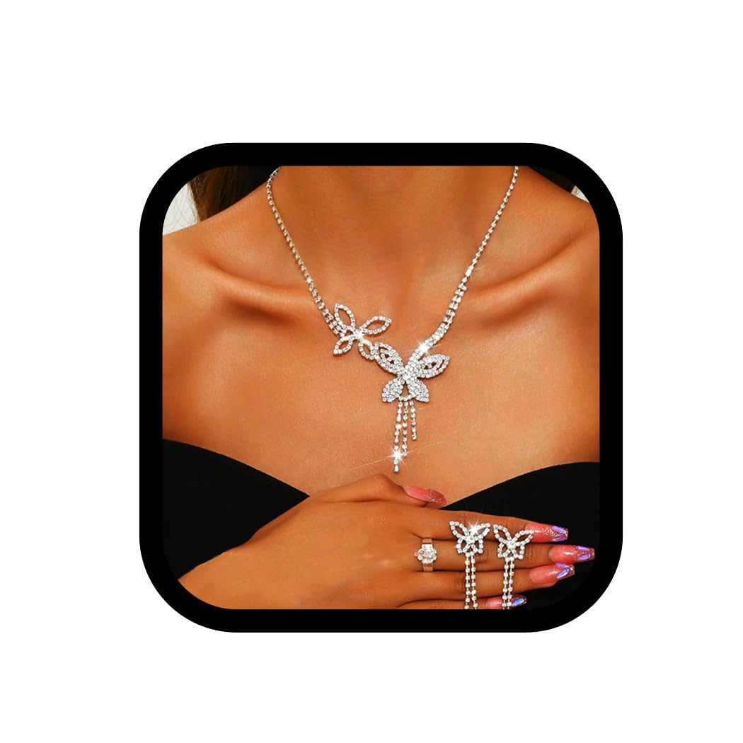 EARENT Butterfly Jewelry Set Silver Rhinestone Earring and Necklace for Women