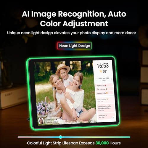 Image of ApoloSign 10 inch Neon Light Digital Picture Frame, Desk Digital Calendar, Auto-synced Schedule via Frameo App - 2K IPS Touchscreen | AI Color-Changing LED | Share Photo /Video Instantly | Gift for Parents