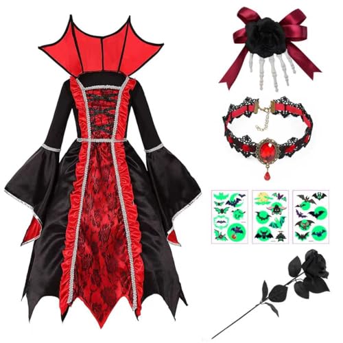 Lubolee Halloween Vampir Kostüm Kinder Mädchen, Halloween Kostüm mit Haarspange & Rose & Aufkleber x3 & Halskette für Halloween Karneval Cosplay Party
