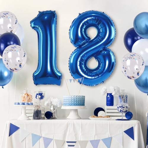Image of Navy Blue 18 Balloons, 40 Inch Dark Blue Foil Number 18 Balloon Set, XXL Self Inflating 18 Helium Balloon with Metallic Blue Silver Confetti Balloon for Men 18th Birthday Anniversary Party Decorations