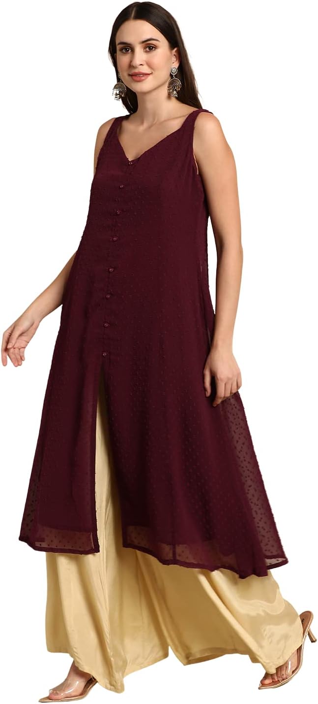 JanasyaWomen's Wine Poly Chiffon Kurta
