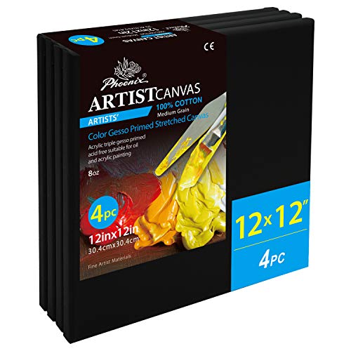 PHOENIX Black Painting Stretched Canvas - 12x12 Inch/4 Pack - 3/4 Inch Profile