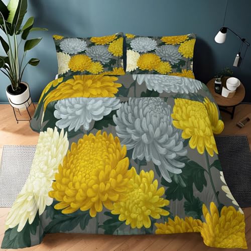 Edredón de plumas y plumón de 155 x 220 cm, para todo el año, diseño de flores de lujo con crisantemos, versátil como colcha para cama o sofá, color amarillo
