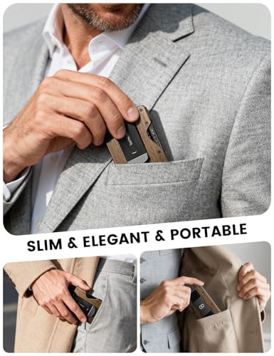 Image of Lamicall Minimalist Metal Wallet for Men - [Mechanical Hinges] | [15-20 Cards] Capacity Slim Wallets, Credit Card Holder, Money Clip & Cash Strap, RFID, Gifts for Men Dad, Metal Wooden Brown
