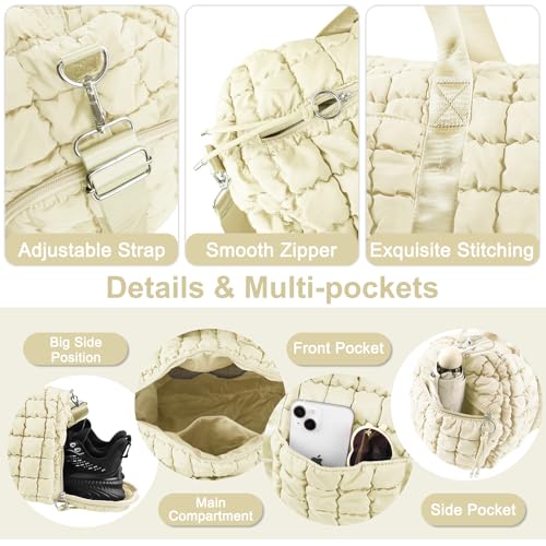 Image of Quilted Travel Duffle Bag Gym Bag for Women,Large Puffer Duffle Weekender Bag with Compartment,Workout Overnight Carry on Organizer Bag Duffle Bag for Airplane Travel(L-Off-white)