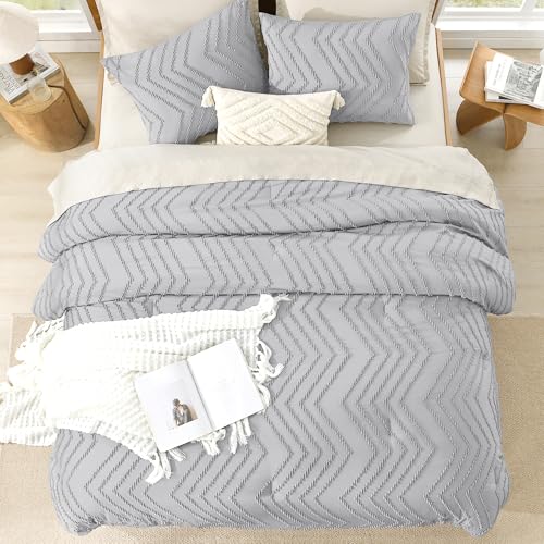 Image of Litanika Boho Queen Comforter Set, 3 Pcs Light Grey Lightweight Bedding Set