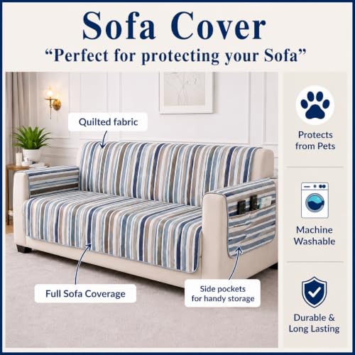 Image of STITCHNEST 'CloudFeel Series' Quilted Printed Velvet Sofa Cover for 3 Seater | Premium Soft Velvet Sofa Protector | Blue Striped Design with Armrest Pockets | Furniture Cover