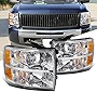 2Pcs Set Headlight Assembly Left+Right Side Compatible For Chevy 2007-2013 Silverado 1500 2500 3500 & HD Models Chrome Housing Amber Corner Headlamps