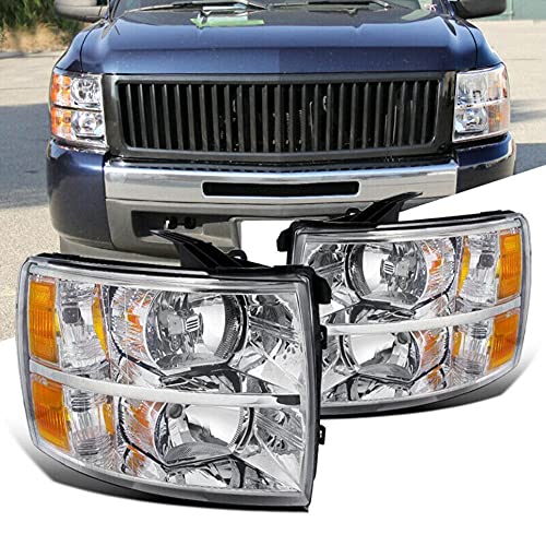 2Pcs Set Headlight Assembly Left+Right Side Compatible For Chevy 2007-2013 Silverado 1500 2500 3500 & HD Models Chrome Housing Amber Corner Headlamps