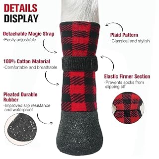 BEAUTYZOO Waterproof Dog Socks to Prevent Licking Paws, Christmas Dog Socks for Hardwood Floors Anti Slip, Puppy Boots with Grippers for Small Medium Large Senior Dogs, Red Black Plaid, XL
