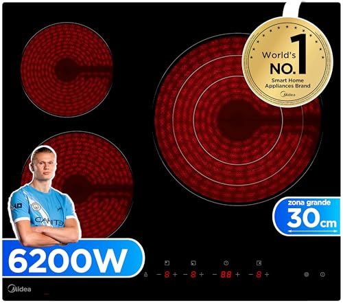 MIDEA Placa Vitroceramica 3 fuegos 6200 W - Vitroceramica Integrada con Panel de control tactil, Indicador de Luz, Temporizador, Child lock y Protección por Sobrecalentamiento