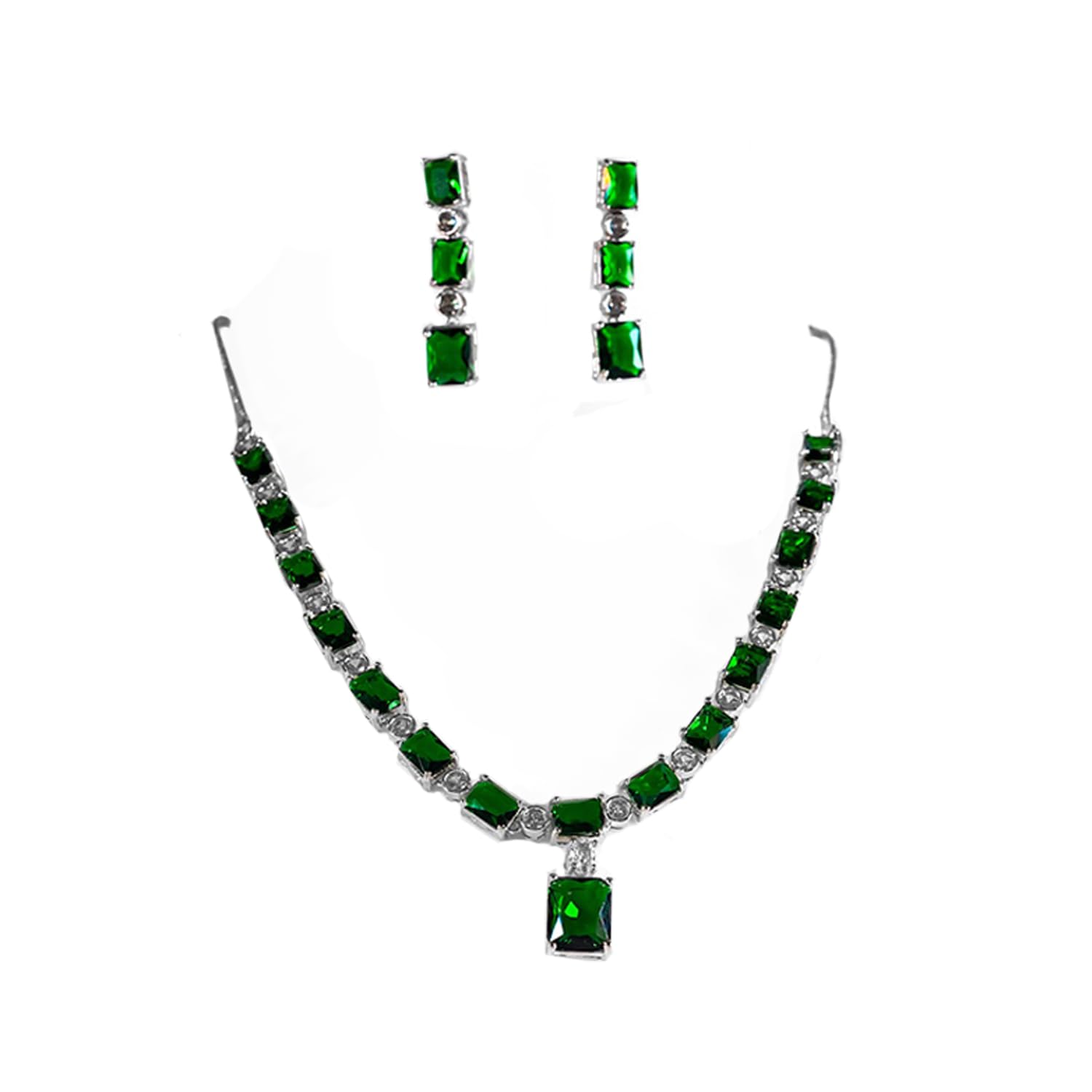 SANAADHYA JEWELS Womens Necklace Set with Earrings Set Rhodium-Plated American Diamonds Studded Cubical Shape Necklace With Earrings AD Diamond Jewellery Set For Girls And Women (Green) (B0CP647RBZ) Amazon Price History, Amazon Price Tracker