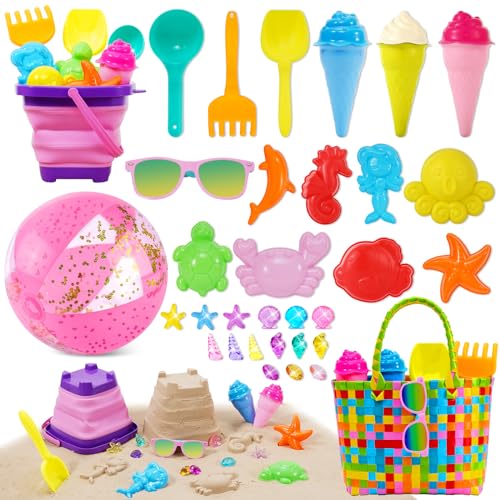 Echehi 37Piezas Juguetes de Playa para Niñas, Juegos Playa con Cubo de Playa Plegable 2L, Gafas de Sol, Pelota Playa, Moldes de Arena, Bolsa Juguete Playa, Gemas, Juguetes Arena para Niñas