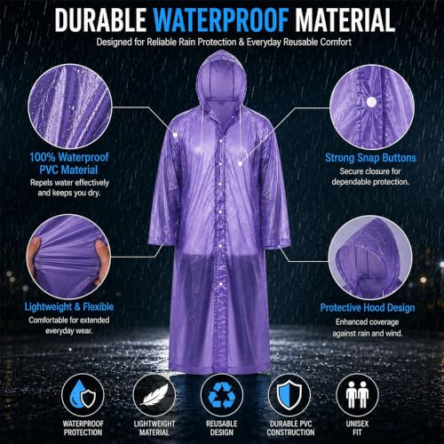 Image of OTOROYS Waterproof Long Rain Coat with Hood for Men, Women, Boys & Girls | Universal Full Length Reusable PVC Raincoat | Lightweight Portable Rain Ware for Bike Riding, Travel & Outdoor, Purple