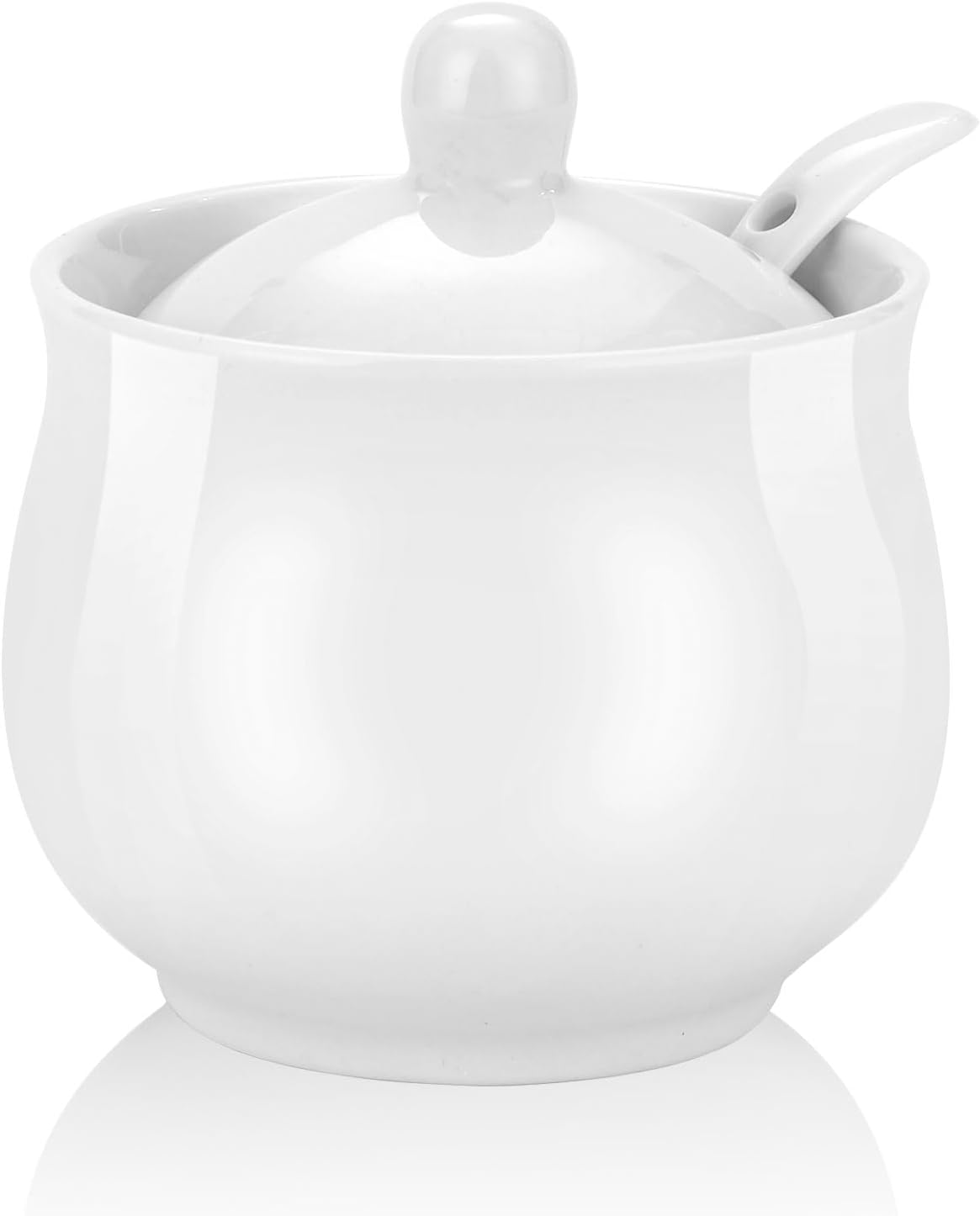 7oz Farmhouse White Ceramic Sugar Bowl with Lid and Spoon Salt Container Jar for Coffee Table Porcelain Condiment Pot for Seasoning