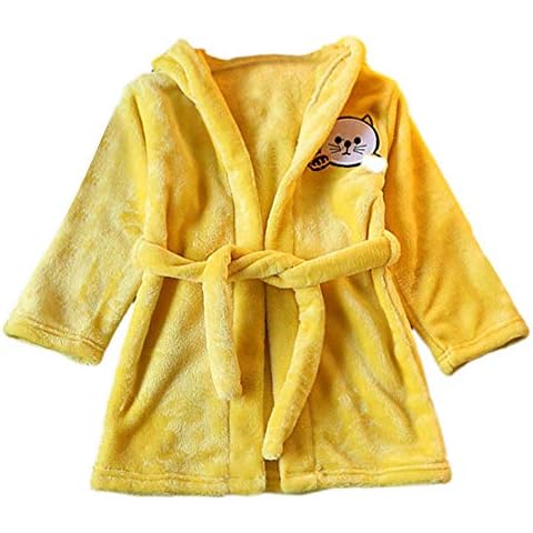Baby Boys Girls Bathrobe Toddler Kids Cartoon Cat Animals Hooded Towel Infant Wrap Solid Flannel Dressing Gown Cotton Sleepwear Homewear Bath Rope Nightwear Pajamas Clothes 1-5 Years Old Yellow Cover