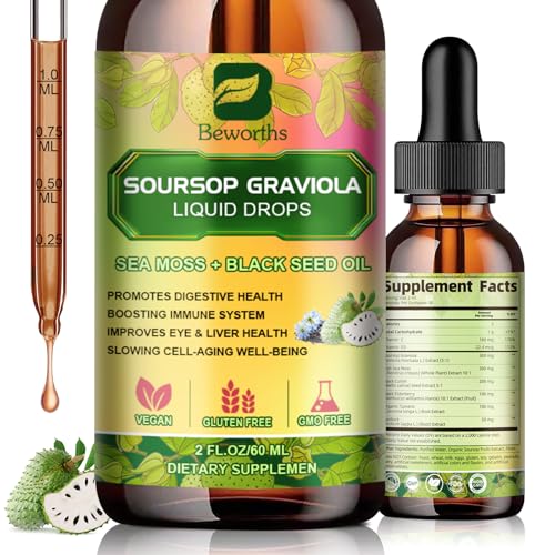 Soursop Bitters Liquid Drops with Irish Sea Moss, Black Seed Oil, Soursop Graviola Leaves Extract - Multivitamin Complex Supports Antioxidant, Slowing Cell-Aging, Gut Cleanse, Detox & Immunity Health
