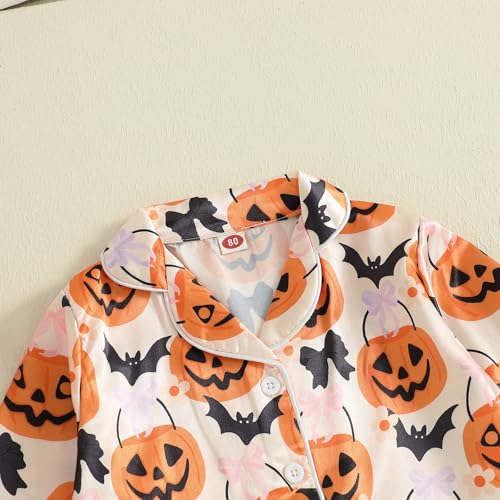 Kids Baby Girl Halloween Silk Pajamas Set Button Down Pumpkin Feather Trim Sleeve Shirts Tops and Pants Satin Pj Sets4