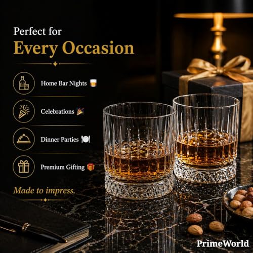 Image of PrimeWorld Timeless European Crystal Whiskey Glasses Set of 6 pcs- 300 ml Bar Glass for Drinking Bourbon, Whisky, Scotch, Cocktails, Cognac- Old Fashioned Cocktail Tumblers