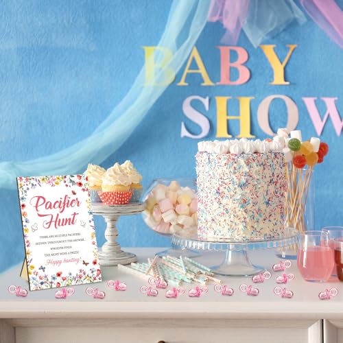 Image of Thyle 51 Pcs Pacifier Hunt Baby Shower Games Include Hunt Sign and 50 Acrylic Pacifiers for Baby Shower Game Decoration Gift Sets Gender Reveal Party Decor(Wildflower)