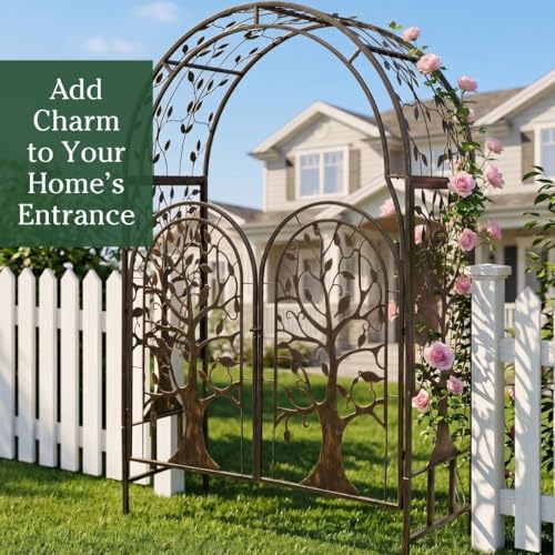 Image of Plow & Hearth Metal Tree of Life Arched Garden Arbor with Gate | 7 feet Tall Laser-Cut Design | Plant Support for Heavy Vines | Landscape Focal Point | Iron Steel
