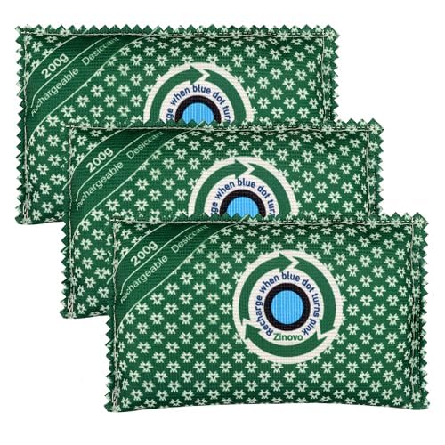 Zinovo 200g(3 Packs) Rechargeable Desiccant Packs, Reusable Silica Gel Reusable Desiccant Bags,Color Indicating Moisture Absorbing for Storage Bins, Suitcase,Safe case,Closet and Cars