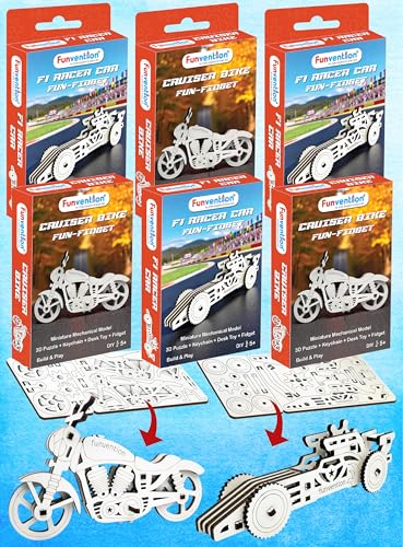 Image of Funvention Fun-Fidget DIY Mechanical Models (Return Gift Pack of 6) - F1 Racer Car & Cruiser Bike - 3D Wooden Puzzle, Build & Play Gear Toy, STEM Activity, Birthday Return Gifts for Kids Age 5+