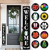 Monjita Welcome Sign for Front Porch Standing, Interchangeable Wooden Sign with 5 Designed Double-Sided Icons for Front Door, All Seasonal Farmhouse Rustic Modern Porch Decor for Fall Harvest