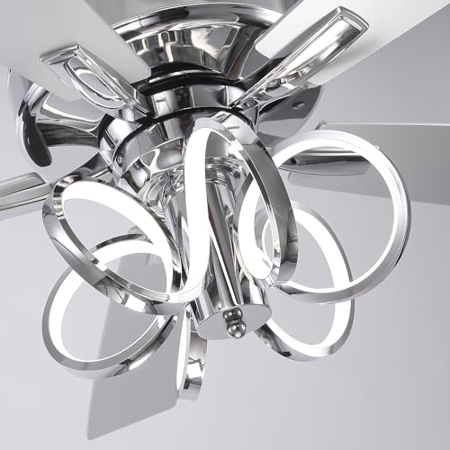 Image of 52 Inch Silver Ceiling Fans with Lights and Remote, Creative Modern Ceiling Fan for Bedroom Living Room with 3CCT, 6 Speeds, Timer, Dual-Sided Reversible 5 Blades Indoor Outdoor Chandelier Fan