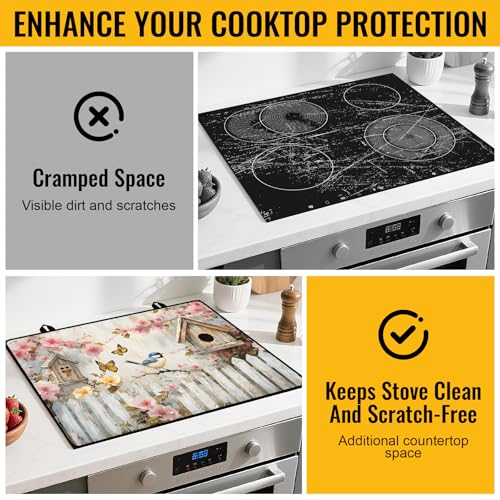 Image of NYZE Stove Cover for Electric and Glass Stove Tops 3-in-1 Stove Mat, Heat Resistant Counter Protector Mat, Non-Slip Surface & Drying Rack (Spring Birdhouse, 28.5 inchLx20.5 inchW)