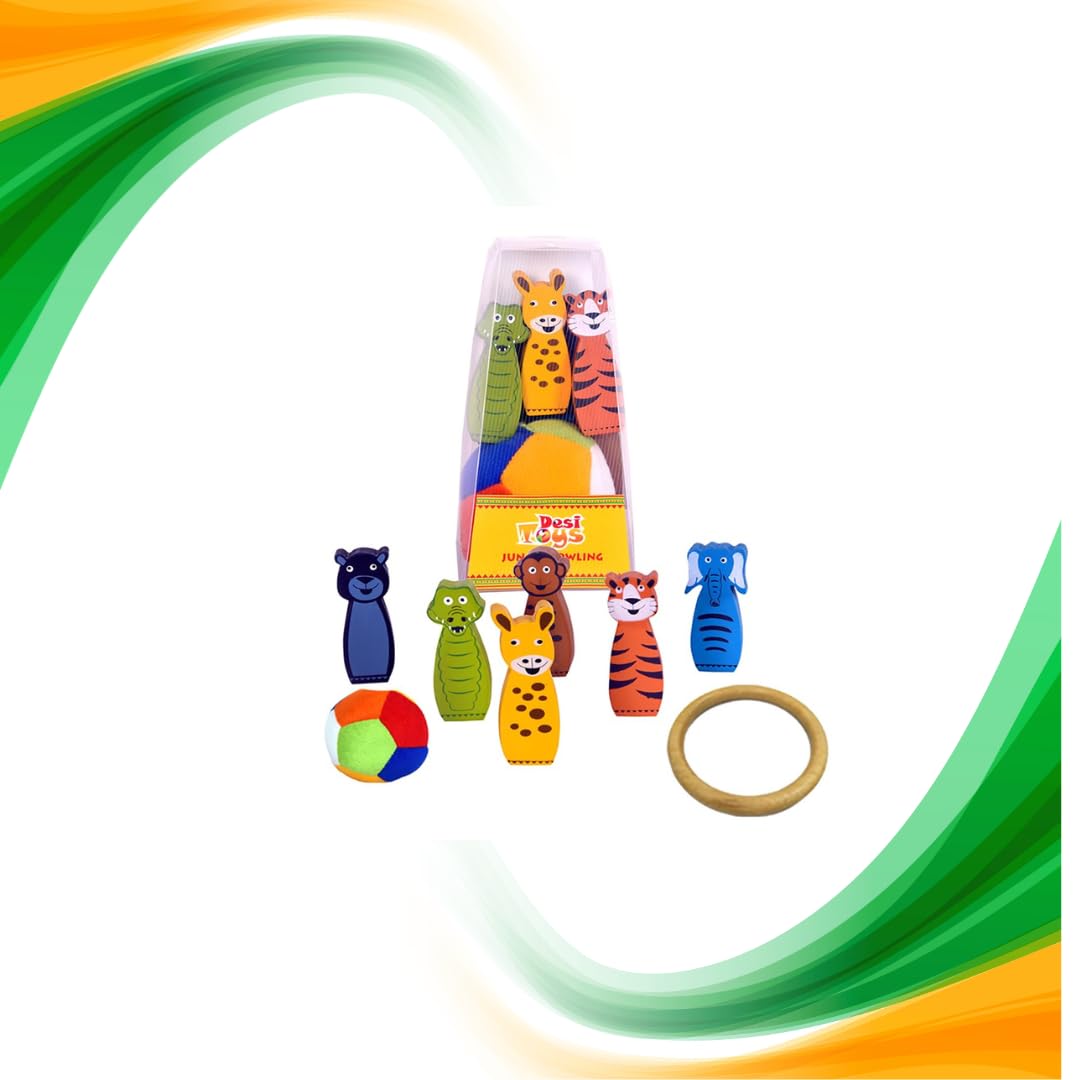 Desi Toys 2 in 1 Bowling Cum Ring Toss Game for Kids - Jungle Animal Themed | Multicolor | 6 Pins, 1 Ring & 1 Soft Ball | Classic Indian Toy | Fun Indoor Game for Toddlers | Made in India