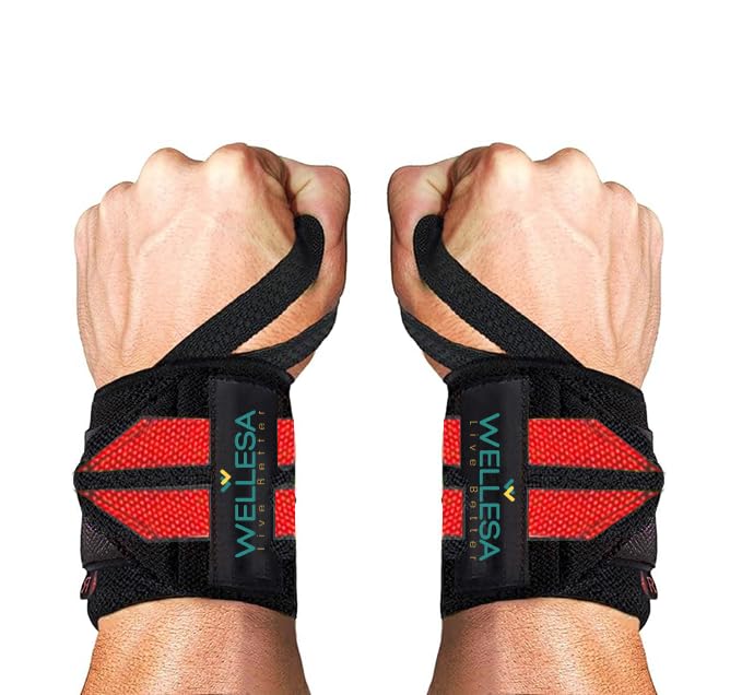 Image of Wellesa Wrist Support for Gym Workout | Wrist Band for Pain Relief & Weight Lifting | Wrist Wrap for Men & Women | Wrist Brace | Gym Accessories | One Size (Red 2 Line)