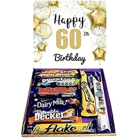 Cadburys Happy 60th Birthday Chocolate Gift Cadbury’s Birthday Chocolates Sweet Box Birthday Great Treat Box - 8 Full Size Bars Chocolates - 60th Cover