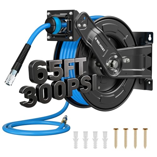 Retractable Air Hose Reel 65ft x 3/8in Hybrid Air Hose (300PSI) Heavy Duty Compressor Hose Reel Auto Rewind - Wall/Ceiling Mount for Workshops