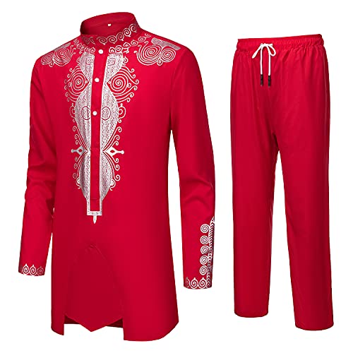 YND Men’s 2 Piece Set African Dashiki Outfit and Pants, Shirt with Gold Print2