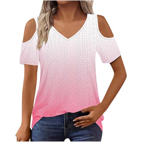 2025 Cold Shoulder Tops for Women Casual Summer Short Sleeve Shirts Gradient V Neck Loose Fit Blouses Tees Tunics