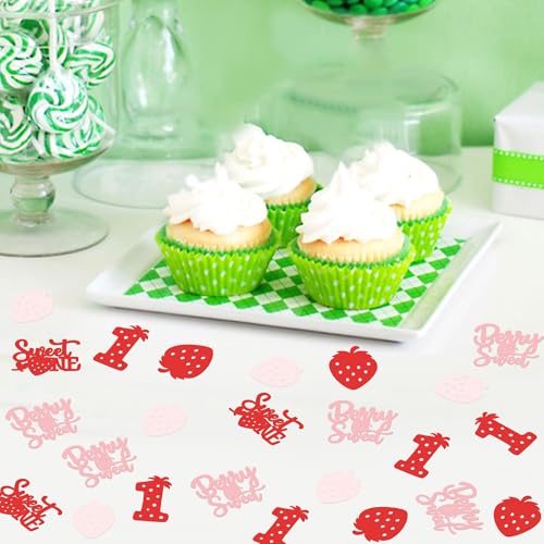 Image of 200Pcs Double-sided Pink Red Strawberry Confetti Berry Sweet One Table Confetti Red Strawberry One Table Decorations for Baby Shower Girls Berry 1st Birthday Party Confetti Supplies