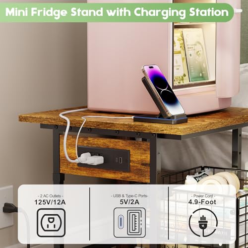 Image of Mini Fridge Stand with Storage and Power Outlet, Small Refrigerator Stand with Wheels, Mini Fridge Cart-Max Load 300 LBS Heavy Microwave Printer Stand Utility Cart for Dorm,Kitchen, Office