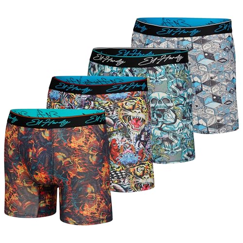 ED HARDY Mens Boxer Briefs 4 Pack, Soft Fabric Underwear, Pull On Closure, Machine Washable Comfortable Stretch Boxers