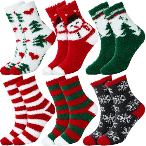 YOGINGO 6 Pairs Christmas Socks - Fuzzy Christmas Socks Colorful Warm Slipper Socks for Women