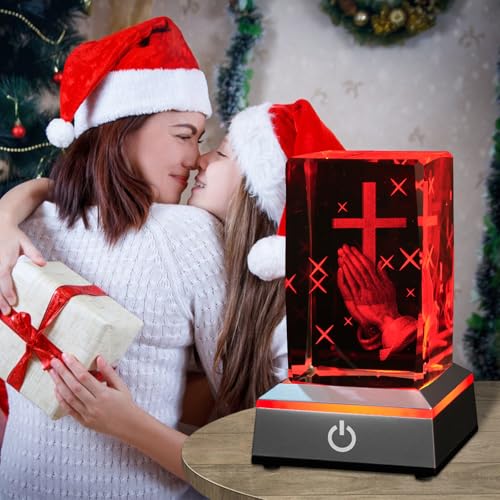 Image of 3D Praying Hands Crystal Night Light with Multicolor LED Base Glass Laser Engraved Cross Figurine Religious Christian Gifts for Men Women Birthday Christmas Room Home Decor