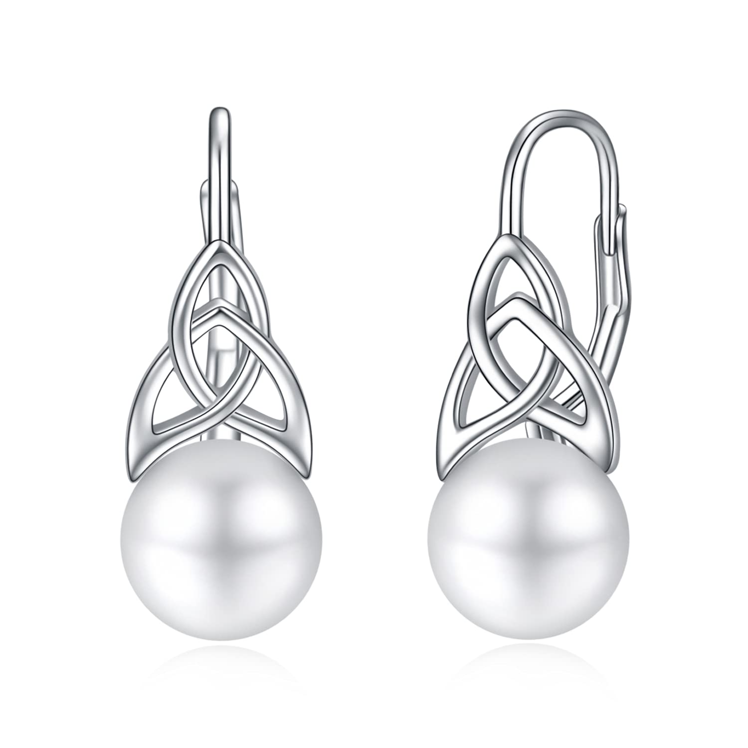 Pendientes de Perlas Para Mujer, Pendientes de aro con Nudo Celta Irlandés de Plata de Ley 925, Joyería con Palanca, Regalos Para Mamá, Madre, Niñas, Amigas