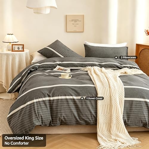 Image of ECOCOTT Grey Striped Duvet Cover Oversized King Size, 100% Washed Cotton 3-Piece Bedding Set - Ultra Soft, Breathable & Easy Care with Zipper Closure and 2 Pillowcases, No Comforter