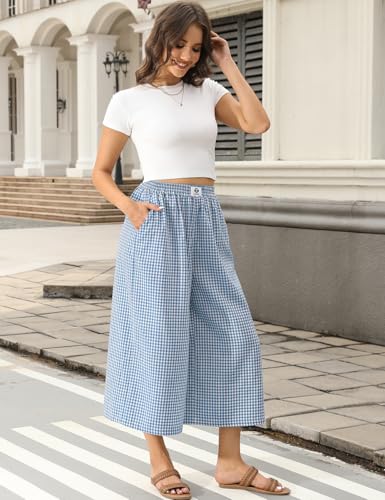 Image of TARSE Women Wide Leg Capri Pants Loose Gingham Plaid Culottes Summer Elastic Waist Palazzo Trousers Bottoms with Pockets