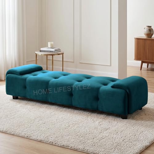 Image of Home Lifestlez Monel 2 Seater Tufted Ottoman Bench | Velvet Upholstered | Seating Bench Window Bench Footrest Stool End of Bed Bench Living Room Furniture | Comfortable & Stylish - T Blue