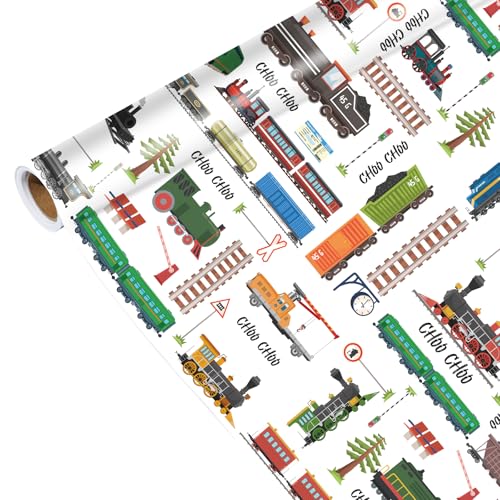 Pineraap Train Themed Wrapping Paper Roll - 17Inch x16.4Feet - Locomotive Railroad Track Sign Design Gift Wrap for Birthday Holiday Parties Baby Showers
