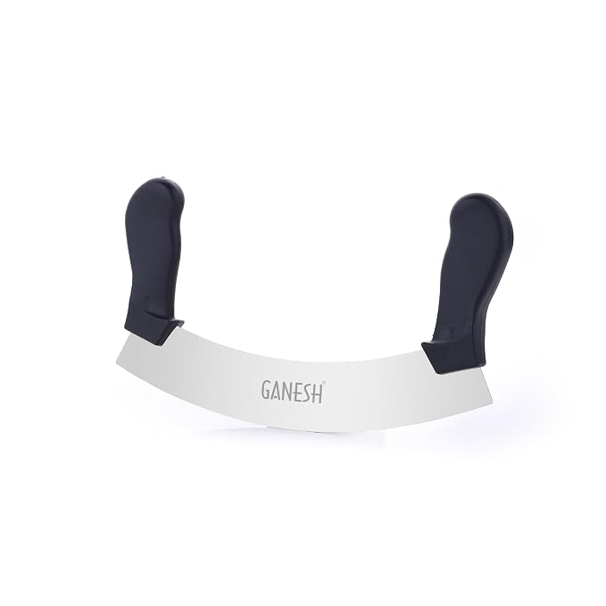 Ganesh Twin Pizza Cutter - Pizza Slicer - Mezzaluna/Mincing Knife - Double Handle Ideal for Mincing, Dicing, Chopping & Slicing - with Serrated Knife